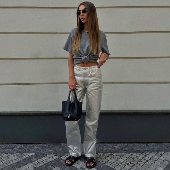 Zara silver metallic wide leg jeans - Picture 2 of 16